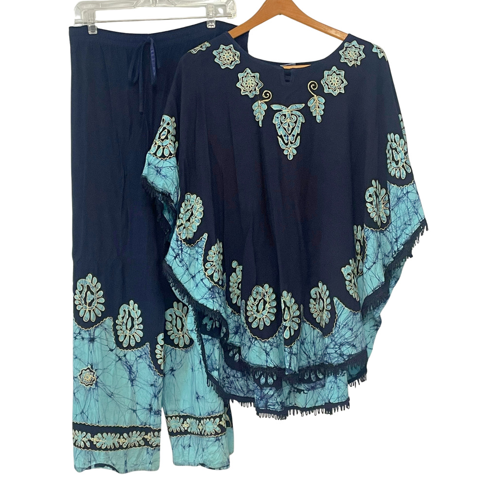 Advance Apparels Free Size OSFM 2 Pc Outfit Poncho Top & Loose Pants Blue Boho